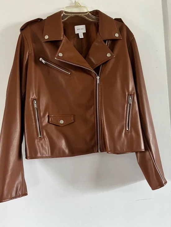 Nine West Cognac Faux Leather Asymmetrical Moto Jacket - Picture 5 of 6